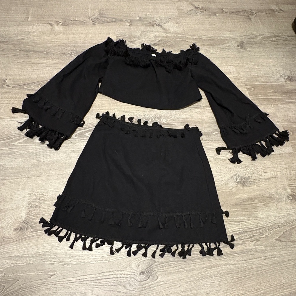 Skylar + Madison fringe boho skirt top set - black